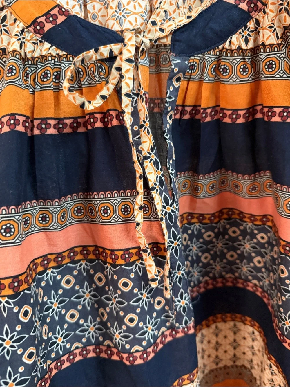 LOFT Navy and Rust Striped Printed Peasant Blouse